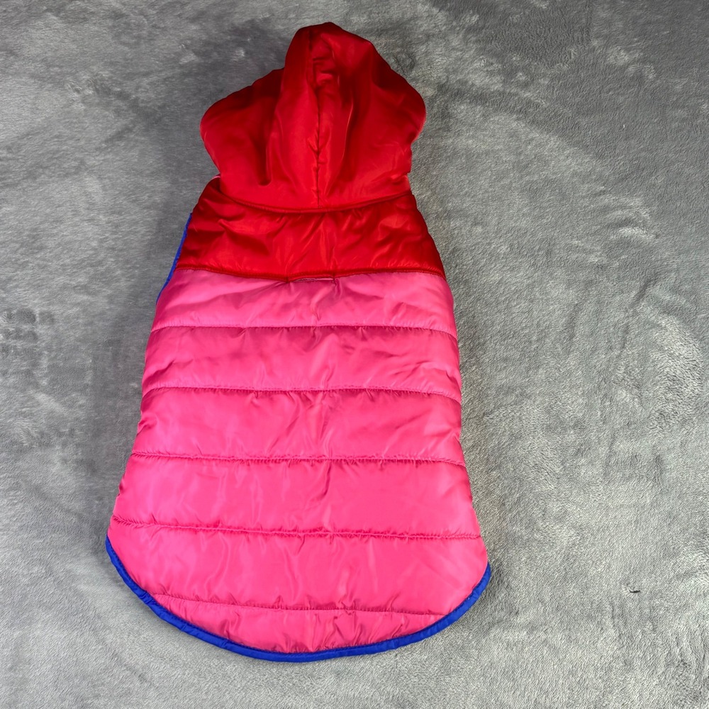International Pet Puffer Coat Vest Pet L Pink Red Hooded Quilted Faux Fur Jacket